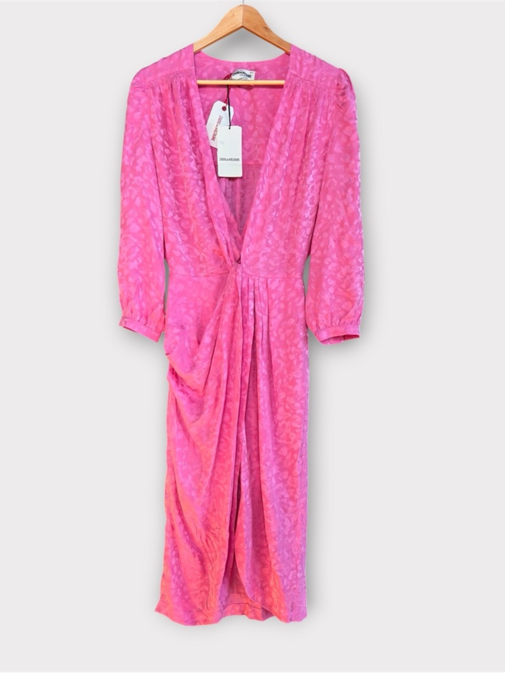 Zadig & Voltaire NWT Silk Jacquard Pink Midi Dress Draped Waist $698 - Picture 12 of 16